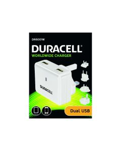 Duracell 230V till 2 x USB-laddare 2,4A & 1.0A - Vit