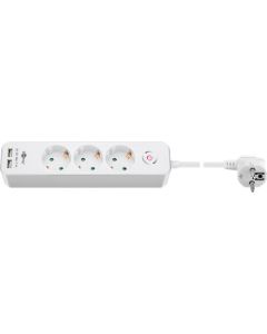 3-vejs strømskinne med switch og 2 USB-porte