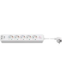 5-vejs strømskinne med switch og 2 USB-porte