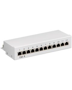CAT 6 Mini-skrivbordsversion av Patch Panel, 12 Port, grå, papperslåda med label