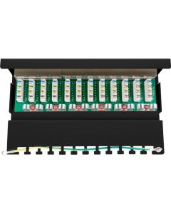CAT 6 Mini-skrivbordsversion av Patch Panel, 12 Port, svart, papperslåda med label