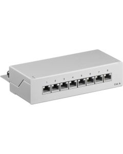 CAT 5e Mini skrivbordsversion av Patch Panel, 8 Port, grå, pappersbox med label